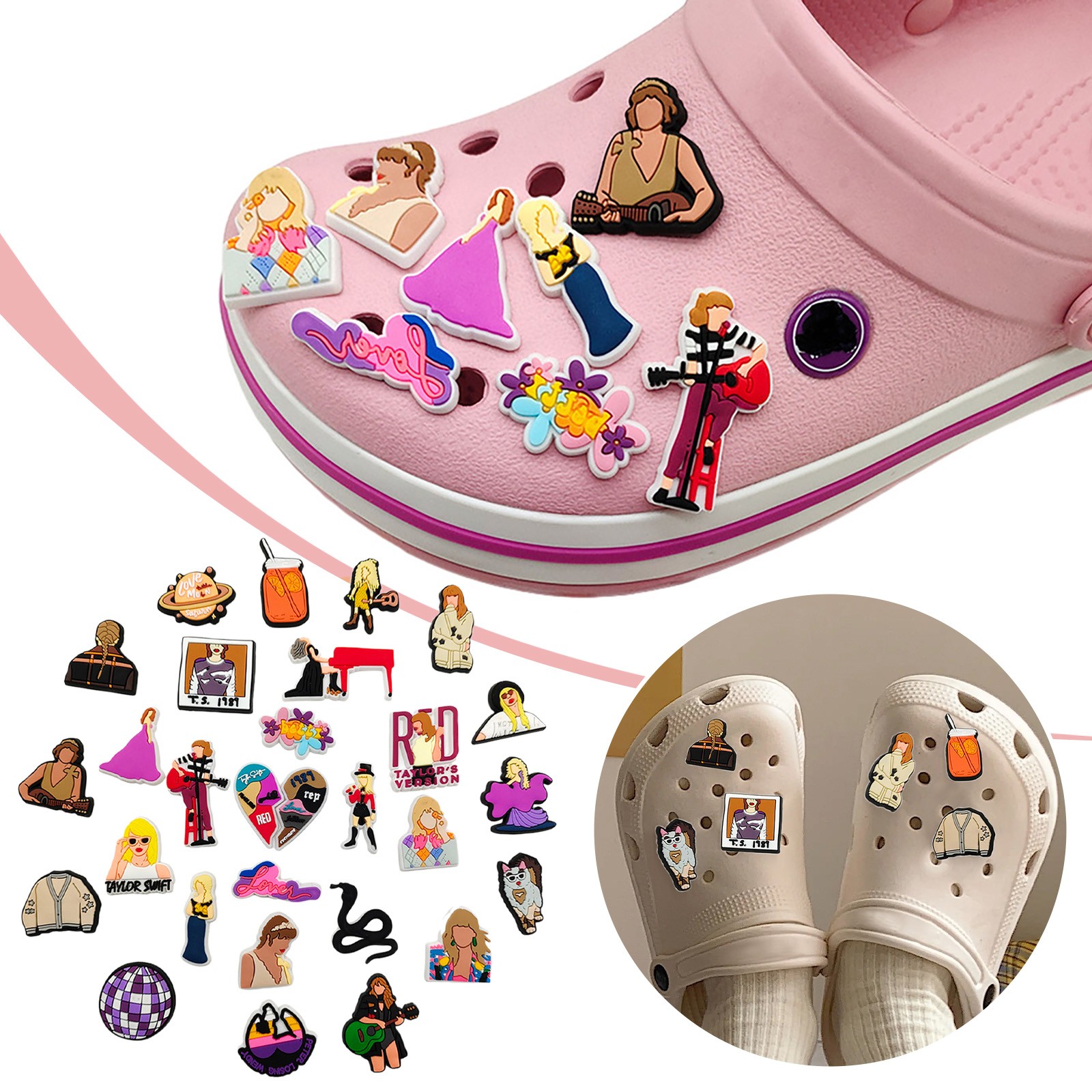 Taylor Swift Merch: Taylor Swift Croc Charms, Taylor Shoe Charms, 29 Pcs  Croc Charm TS Fits Any Shoes with Holes Best Gift for Fans Cartoon DIY Croc  Charm Party Accessories 